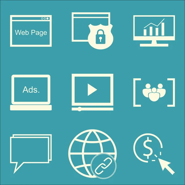 Ensemble d'icônes de SEO, de marketing et de publicité sur la consultation en ligne, la publicité vidéo, la publicité d'affichage et plus. Illustration vectorielle d'EPS10 de qualité supérieure pour la conception de mobile, d'application, d'interface utilisateur . — Image vectorielle