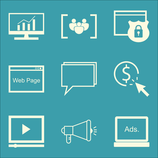 Set Of SEO, Marketing And Advertising Icons On Comprehensive Analytics, Online Consulting, Video Advertising And More. Premium Quality EPS10 Vector Illustration For Mobile, App, UI Design.