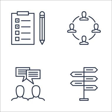 Takım Toplantısı, Takım Çalışması, Karar Verme ve Daha Fazlası Üzerine Proje Yönetimi Simgeleri Seti. Üstün Kaliteli Eps10 Vektör İllüstrasyon Mobil, Uygulama, Ui Tasarım için.
