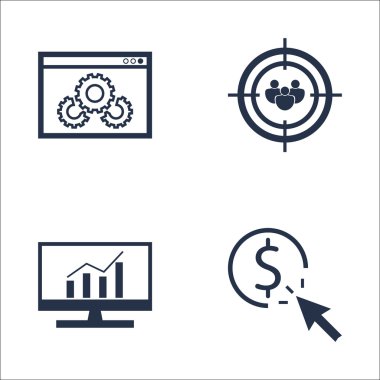 Set Seo, Pazarlama ve Reklam Simgeleri Kapsamlı Analitik, Hedef Kitle Hedefleme, Tıklama Başına Ödeme ve daha fazlası. Üstün Kaliteli Eps10 Vektör İllüstrasyon Mobil, Uygulama, Ui Tasarım için.