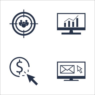 Set Seo, Pazarlama ve Reklam Simgeleri Hedefleyici, E-posta Pazarlama, Kapsamlı Analitik ve daha fazlası. Üstün Kaliteli Eps10 Vektör İllüstrasyon Mobil, Uygulama, Ui Tasarım için.