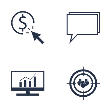 Set Seo, Pazarlama ve Reklam Simgeleri On Pay Per Click, Online Danışmanlık, Kapsamlı Analitik ve daha fazlası. Üstün Kaliteli Eps10 Vektör İllüstrasyon Mobil, Uygulama, Ui Tasarım için.