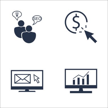 Set Of SEO, Marketing And Advertising Icons On Email Marketing, Comprehensive Analytics, Pay Per Click And More. Premium Quality EPS10 Vector Illustration For Mobile, App, UI Design.
