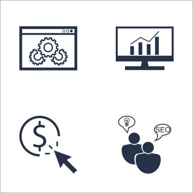 Set Seo, Pazarlama ve Reklam Simgeleri Web Sitesi Optimizasyonu, Tıklama Başına Ödeme, Kapsamlı Analitik ve daha fazlası. Üstün Kaliteli Eps10 Vektör İllüstrasyon Mobil, Uygulama, Ui Tasarım için.