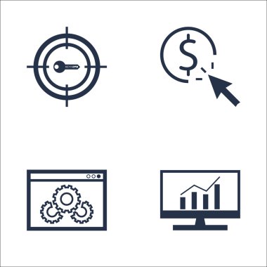 Set Seo, Pazarlama Ve Reklam Simgeleri Web Sitesi Optimizasyonu, Hedef Anahtar Kelimeler, Kapsamlı Analitik ve daha fazlası. Üstün Kaliteli Eps10 Vektör İllüstrasyon Mobil, Uygulama, Ui Tasarım için.