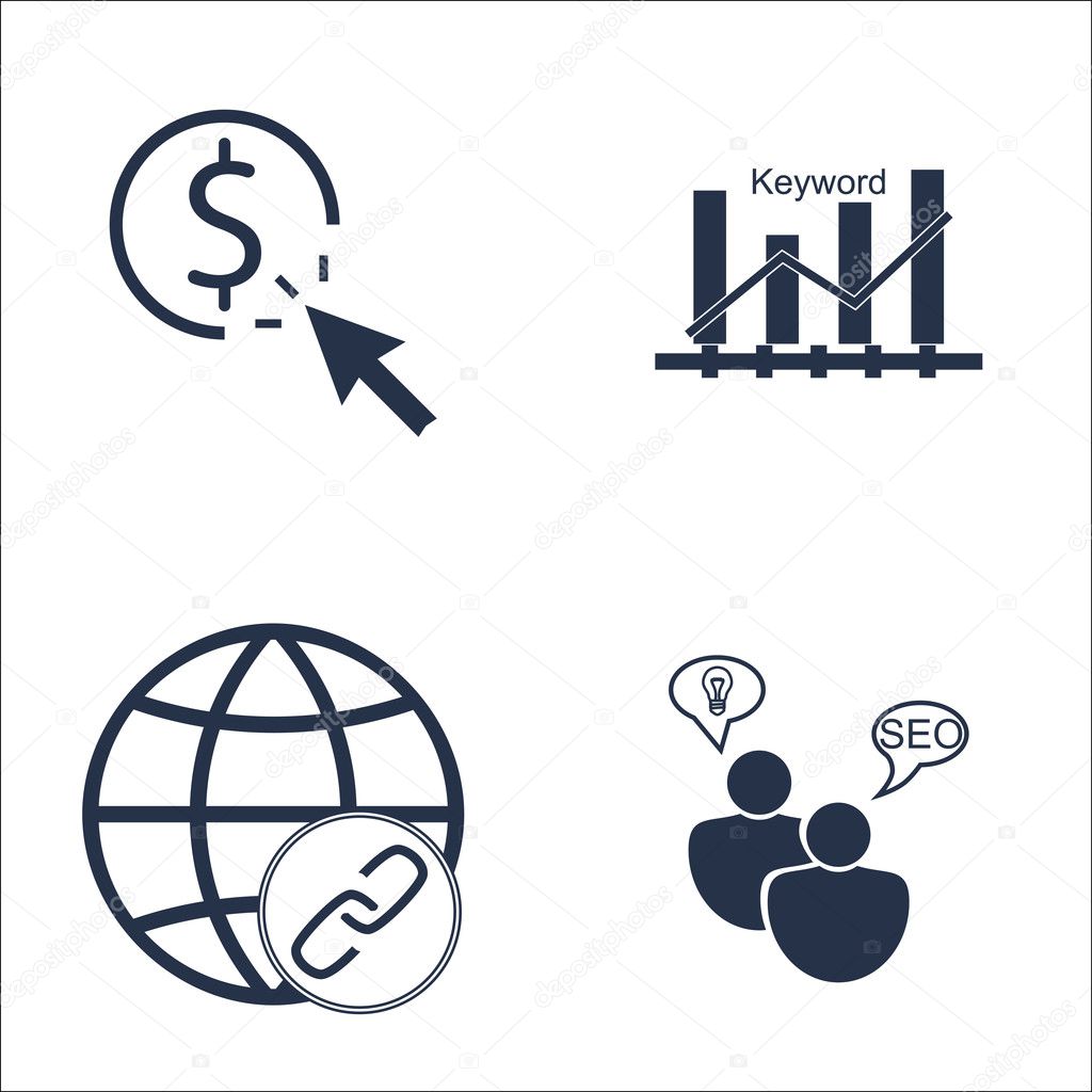 Set Of SEO, Marketing And Advertising Icons On SEO Consulting, Pay Per Click, Link Building And More. Premium Quality EPS10 Vector Illustration For Mobile, App, UI Design.