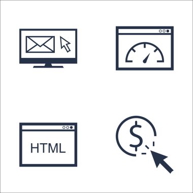 SEO, Pazarlama ve Reklam Simgeleri E- posta Pazarlama, HTML Kodu, Tıklama Kadar Öde ve Daha Fazla Öde. Mobil, Uygulama ve UI Tasarımı için Premium Kaliteli EPS10 Vektör İllüstrasyonu.