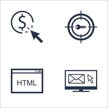 SEO, Pazarlama ve Reklam Simgeleri E- posta Pazarlama, tıklama başına ödeme, HTML kodu ve daha fazlası. Mobil, Uygulama ve UI Tasarımı için Premium Kaliteli EPS10 Vektör İllüstrasyonu.