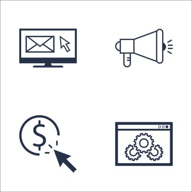 SEO, Pazarlama ve Reklam Simgeleri E- posta Pazarlama, Tıklama Kadar Öde, Viral Pazarlama ve Daha fazlası. Mobil, Uygulama ve UI Tasarımı için Premium Kaliteli EPS10 Vektör İllüstrasyonu.