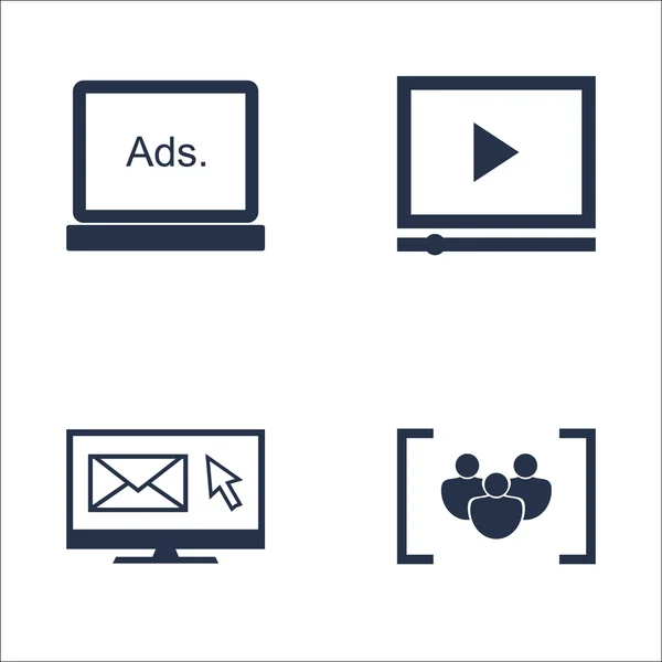 Набір SEO, маркетингових і рекламних іконок на відео-реклами, Email маркетинг, фокус-групи і більше. Преміум якість Eps10 Векторна ілюстрація для мобільних пристроїв, додаток, дизайн користувальницького інтерфейсу. — стоковий вектор
