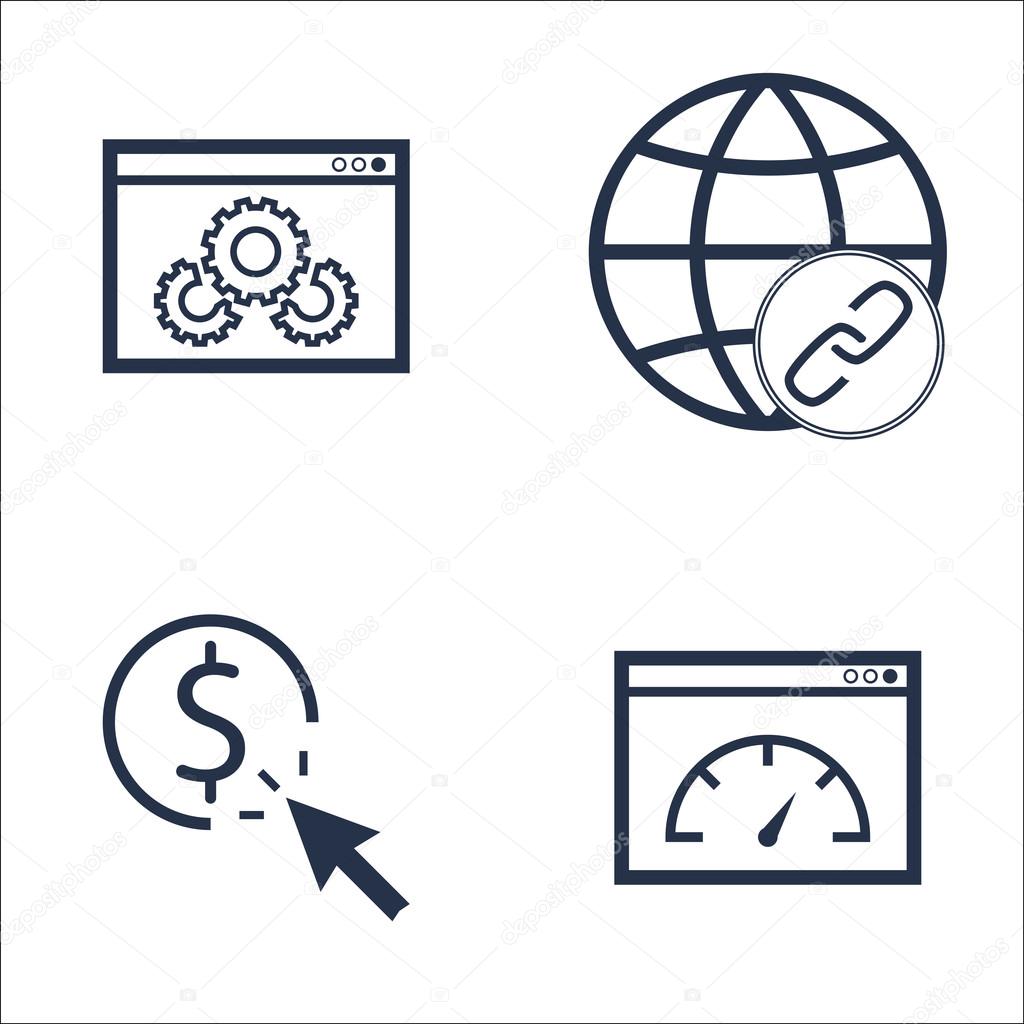 Set Of SEO, Marketing And Advertising Icons On Link Building, Website Optimization, Pay Per Click And More. Premium Quality EPS10 Vector Illustration For Mobile, App, UI Design.