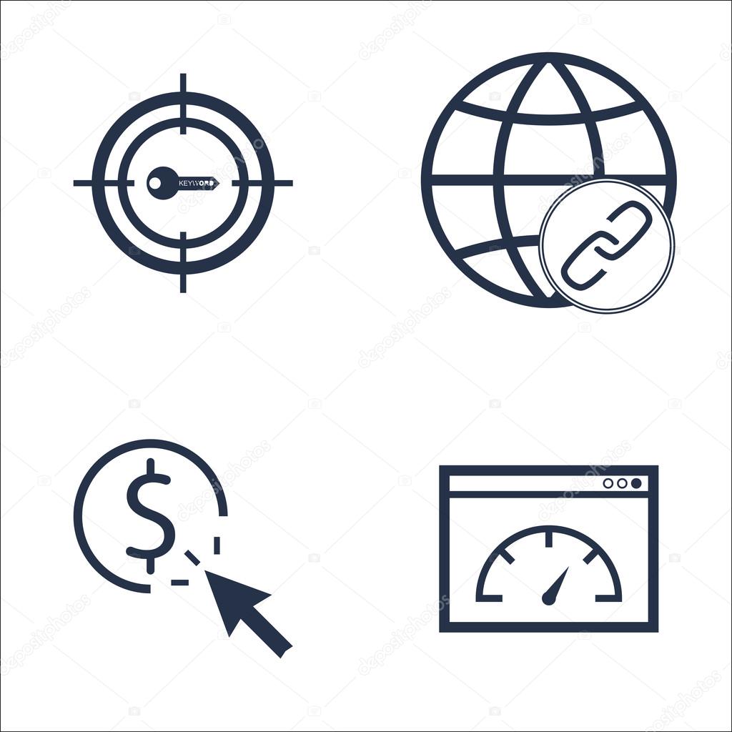 Set Of SEO, Marketing And Advertising Icons On Pay Per Click, Target Keywords, Page Speed And More. Premium Quality EPS10 Vector Illustration For Mobile, App, UI Design.