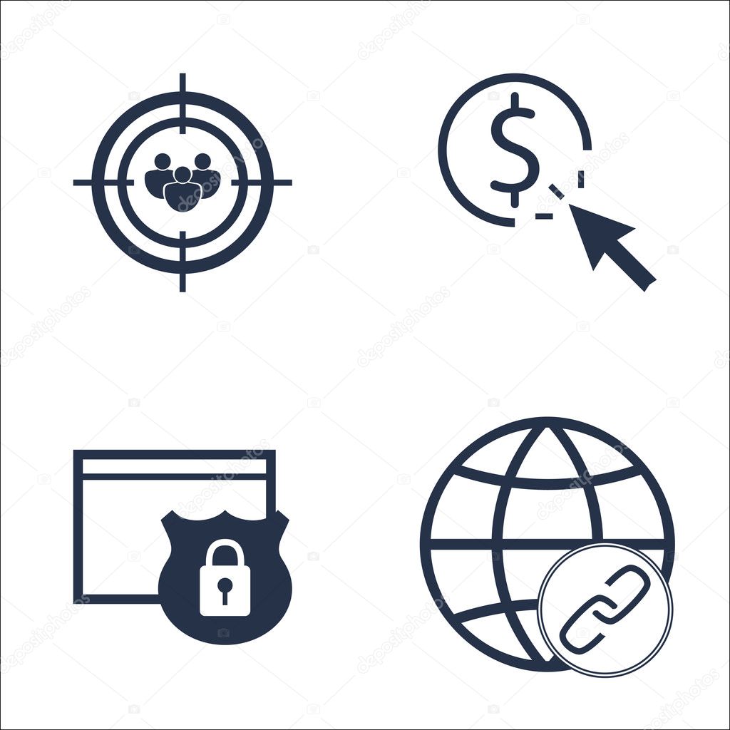 Set Of SEO, Marketing And Advertising Icons On Pay Per Click, Website Protection, Audience Targeting And More. Premium Quality EPS10 Vector Illustration For Mobile, App, UI Design.