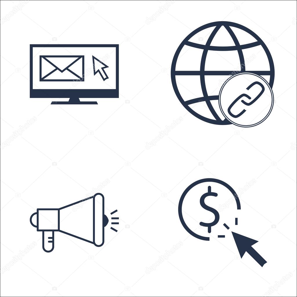 Set Of SEO, Marketing And Advertising Icons On Email Marketing, Link Building, Viral Marketing And More. Premium Quality EPS10 Vector Illustration For Mobile, App, UI Design.