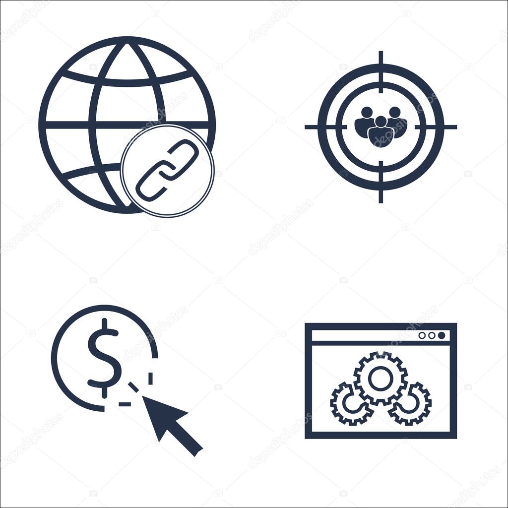 Set Of SEO, Marketing And Advertising Icons On Pay Per Click, Audience Targeting, Link Building And More. Premium Quality EPS10 Vector Illustration For Mobile, App, UI Design.