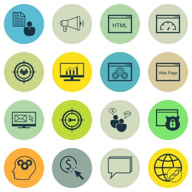 Set Seo, Pazarlama Ve Reklam Simgeleri Hedef Anahtar Kelimeler, Web Sitesi Optimizasyonu, Online Danışmanlık Ve Daha Fazlası. Üstün Kaliteli Eps10 Vektör İllüstrasyon Mobil, Uygulama, Ui Tasarım için.