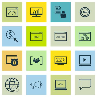SEO, Pazarlama ve Reklam Simgeleri Anahtar Kelimeler, Video Reklamcılığı, Web sitesi Koruması ve daha fazlası. Mobil, Uygulama ve UI Tasarımı için Premium Kaliteli EPS10 Vektör İllüstrasyonu.