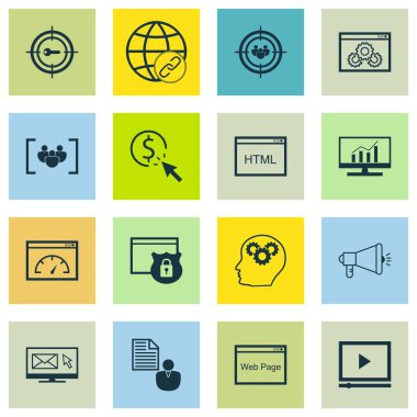 Set Seo, Pazarlama ve Reklam Simgeleri On Pay Per Click, Html Kodu, Bağlantı Oluşturma Ve Daha Fazlası. Üstün Kaliteli Eps10 Vektör İllüstrasyon Mobil, Uygulama, Ui Tasarım için.