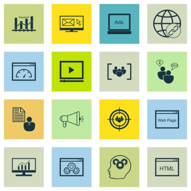 Set Seo, Pazarlama Ve Reklam Simgeleri Sayfa Hızı, Anahtar Kelime Sıralaması, Hedef Kitle Hedefleme Ve Daha Fazlası. Üstün Kaliteli Eps10 Vektör İllüstrasyon Mobil, Uygulama, Ui Tasarım için.