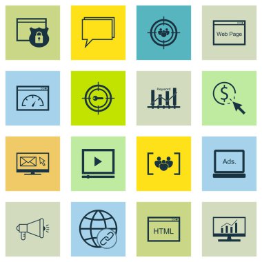 Set Seo, Pazarlama Ve Reklam Simgeleri Online Danışmanlık, Hedef Kitle Hedefleme, E-posta Pazarlama Ve daha fazlası. Üstün Kaliteli Eps10 Vektör İllüstrasyon Mobil, Uygulama, Ui Tasarım için.