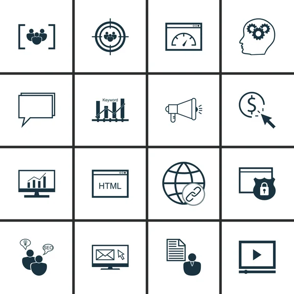 Uppsättning av SEO, marknadsföring och reklam ikoner på HTML-kod, målgruppsinriktning, SEO Consulting och mer. Premium kvalitet Eps10 vektor illustration för mobil, app, UI design. — Stock vektor