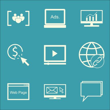 Set Seo, Pazarlama ve Reklam Simgeleri On Pay Per Click, Online Danışmanlık, Web Sayfası Ve Daha Fazlası. Üstün Kaliteli Eps10 Vektör İllüstrasyon Mobil, Uygulama, Ui Tasarım için.