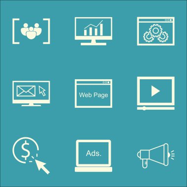 Set Seo, Web Sayfasında Pazarlama ve Reklam Simgeleri, Tıklama Başına Ödeme, Odak Grubu Ve Daha Fazlası. Üstün Kaliteli Eps10 Vektör İllüstrasyon Mobil, Uygulama, Ui Tasarım için.