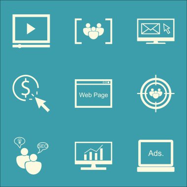 Set Of SEO, Marketing And Advertising Icons On Display Advertising, Web Page, Audience Targeting And More. Premium Quality EPS10 Vector Illustration For Mobile, App, UI Design.