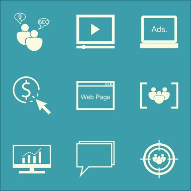 Set Seo, Pazarlama ve Reklam Simgeleri Web Sayfasında, Kapsamlı Analitik, Tıklama Başına Ödeme ve Daha Fazlası. Üstün Kaliteli Eps10 Vektör İllüstrasyon Mobil, Uygulama, Ui Tasarım için.