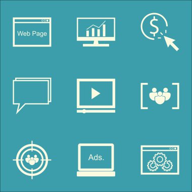 Set Seo, Pazarlama ve Reklam Simgeleri Ekran Reklam, Kapsamlı Analitik, Web Sitesi Optimizasyonu Ve daha fazlası. Üstün Kaliteli Eps10 Vektör İllüstrasyon Mobil, Uygulama, Ui Tasarım için.