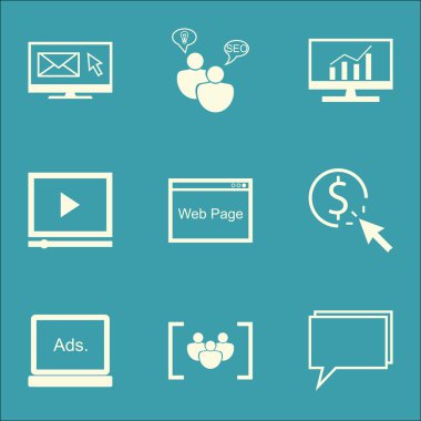 Set Seo, Pazarlama ve Reklam Simgeleri Kapsamlı Analitik, Tıklama Başına Ödeme, Seo Danışmanlık Ve daha fazlası. Üstün Kaliteli Eps10 Vektör İllüstrasyon Mobil, Uygulama, Ui Tasarım için.