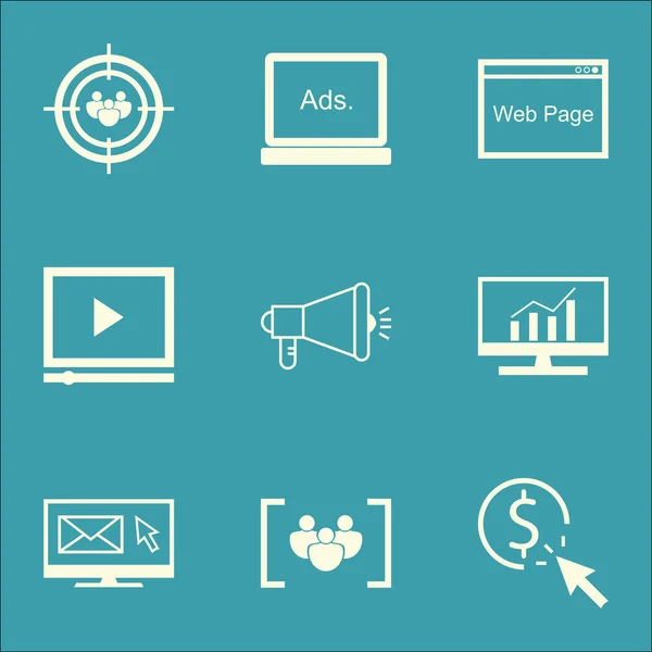Seoのセット, Webページ上のマーケティングと広告のアイコン, オーディエンスターゲティング, ビデオ広告など.モバイル、アプリ、Uiデザインのためのプレミアム品質Eps10ベクトルイラストレーション. — ストックベクタ