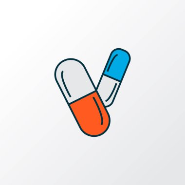 İlaç ikonu renkli çizgi sembolü. Moda tarzında birinci kalite izole kapsül ögesi.