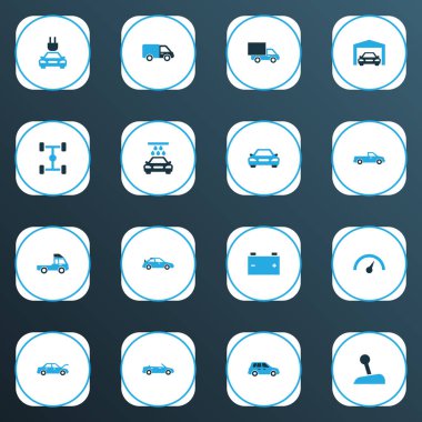 Araba simgeleri akümülatör, dingil mesafesi, fişi ve diğer pil elementleriyle renklendirildi. İzole edilmiş resimli araba simgeleri.