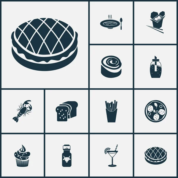 Iconos de comida con tarta de manzana, lata de leche, langosta y otros elementos de pan tostado. Iconos de alimentos ilustración aislada. —  Fotos de Stock