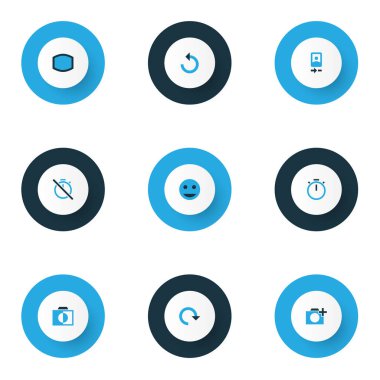 Resim simgeleri renk seti, bir fotoğraf, kamera önü, döndürme ve diğer renksiz elementleri ekleyin. İzole vektör resimleme simgeleri.