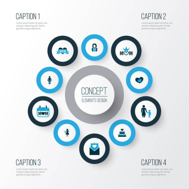 Anneler Günü renkli tasarım konsepti. Anneye, anneye ve kartpostala hediye olarak 10 element. Anne, sevgi ve anne için güzel semboller..
