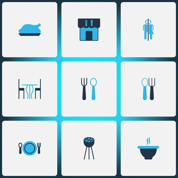 Restaurace ikony barevný set s kuřecím masem, polévka, bbq a další grilovací prvky. Izolované vektorové ilustrace ikony restaurace. — Stockový vektor