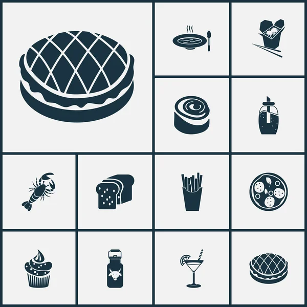 Ícones de comida com torta de maçã, lata de leite, lagosta e outros elementos de pão torrado. Isolado vetor ilustração ícones alimentares. — Vetor de Stock