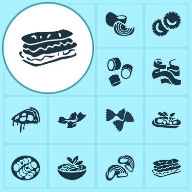 İtalyan yemek ikonları pizza, pappardelle makarna, pipette rigatte ve diğer makarna şekilli elementlerle hazırlandı. İzole edilmiş İtalyan yemek ikonları..