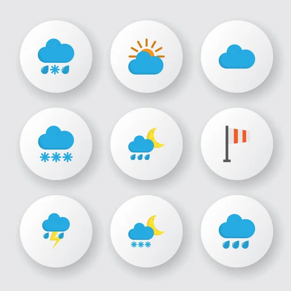 Iconos del clima conjunto de estilo plano con sol, nublado, lluvioso y otros elementos de llovizna. Iconos de clima de ilustración vectorial aislado. — Archivo Imágenes Vectoriales