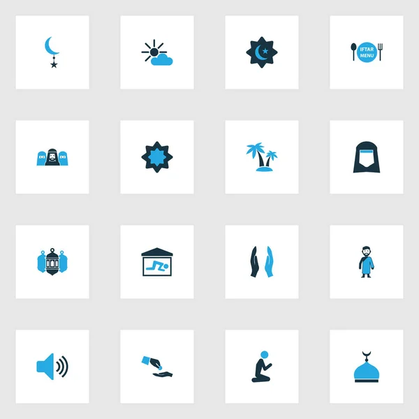 Религиозные иконы цветной набор с молитвой, верующий, шаль и другие элементы комнаты. Изолированные векторные иконы религии. — стоковый вектор