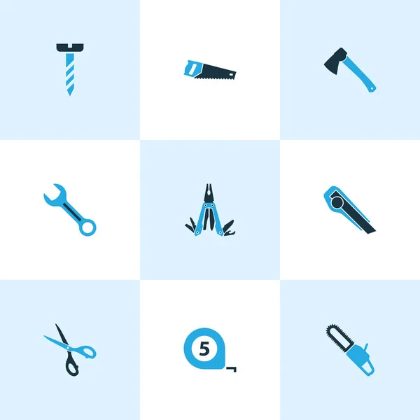 Handwerkzeuge Symbole farbiges Set mit Multi-Tool, Kettensäge, Bolzen und anderen Axtelementen. Isolierte Vektor-Illustration Handwerkzeuge Symbole. — Stockvektor