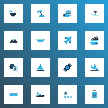 Trip simgeleri banyo, gemi, deniz ve diğer gemi elementleriyle aynı renkte. İzole edilmiş illüstrasyon gezi simgeleri.