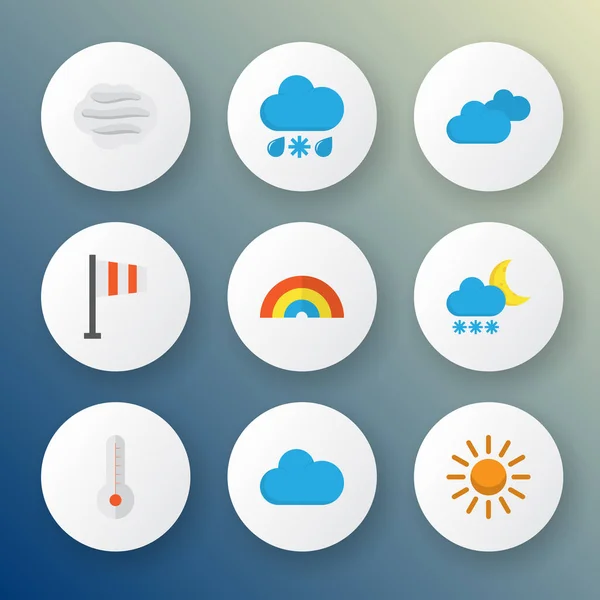 フラグ、虹、晴れや他の太陽の要素で設定された気候アイコンフラットスタイル。隔離されたイラストの気候アイコン. — ストック写真