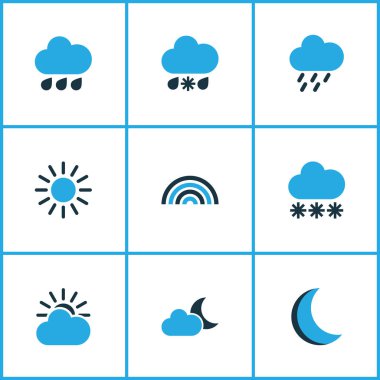 Hava simgeleri yağmur, karlı yağmur, güneş ve diğer güneşli elementlerle renklendirildi. İzole vektör illüstrasyon hava simgeleri.