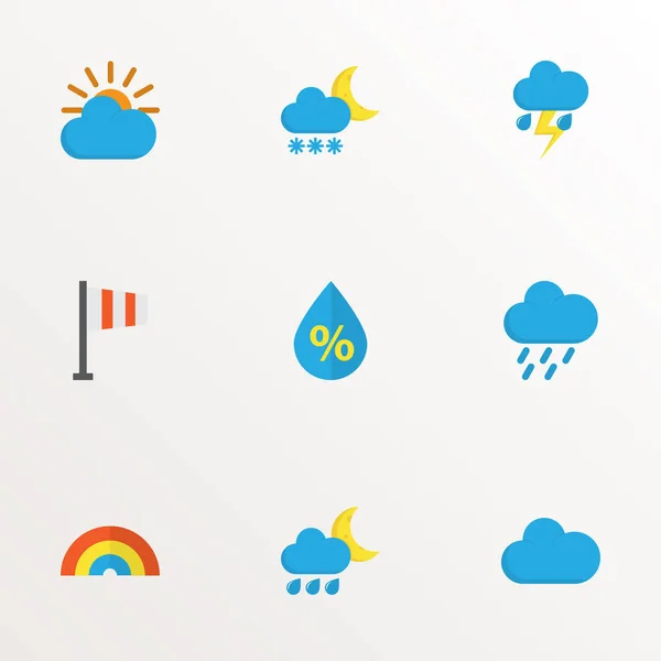 Ícones de tempo estilo plano definido com bandeira, nublado, sol e outros elementos granizo. Isolado vetor ilustração ícones meteorológicos. — Vetor de Stock