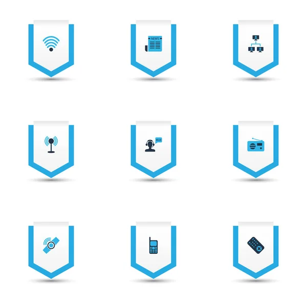 Verbindungssymbole farbiges Set mit Gruß männlichen Bedieners, Mobiltelefon, verknüpften Computern und anderen Helpline-Elementen. Isolierte Icons zur Illustration. — Stockfoto