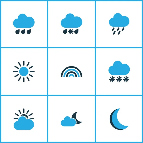 Iconos de aire coloreados con lluvia, lluvia nevada, sol y otros elementos soleados. Iconos de aire de ilustración aislada. —  Fotos de Stock