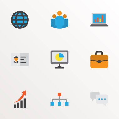 Dünya, istatistik, yapı ve diğer hiyerarşi unsurlarıyla kurulmuş iş simgeleri. İzole edilmiş illüstrasyon iş simgeleri.